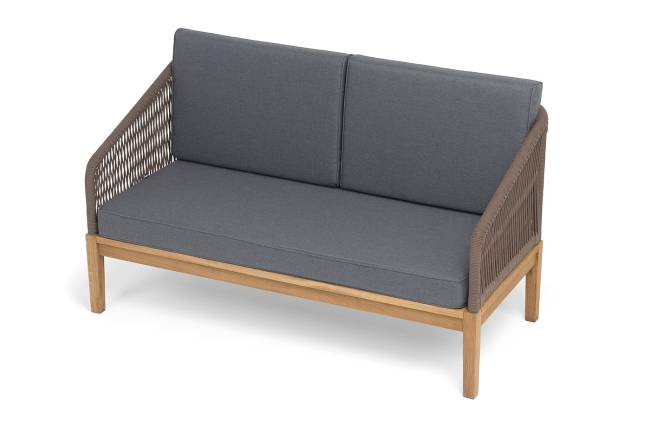 "Канны" диван 2-местный плетеный из роупа, основание дуб, роуп коричневый круглый, ткань темно-серая 027 NEW