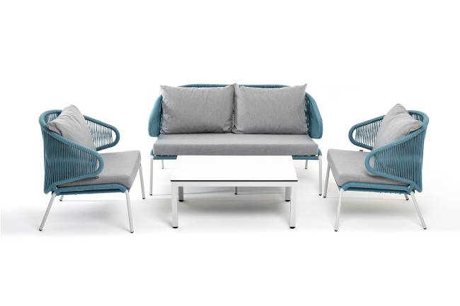 "Милан" лаунж-зона 4-местная плетеная из роупа (веревки), каркас алюминиевый белый, роуп бежевый "Милан" лаунж-зона 4-местная плетеная из роупа (веревки), каркас алюминиевый белый, роуп бежевый