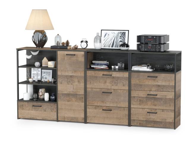 Два комода с ящиками и комод с дверкой и одним ящиком Трувор цвет дуб гранж песочный/интра Два комода с ящиками и комод с дверкой и одним ящиком Трувор цвет дуб гранж песочный/интра