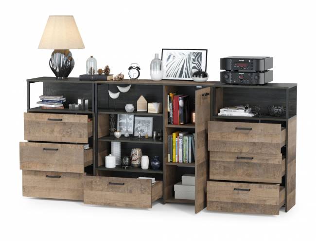 Два комода с ящиками и комод с дверкой и одним ящиком Трувор цвет дуб гранж песочный/интра Два комода с ящиками и комод с дверкой и одним ящиком Трувор цвет дуб гранж песочный/интра