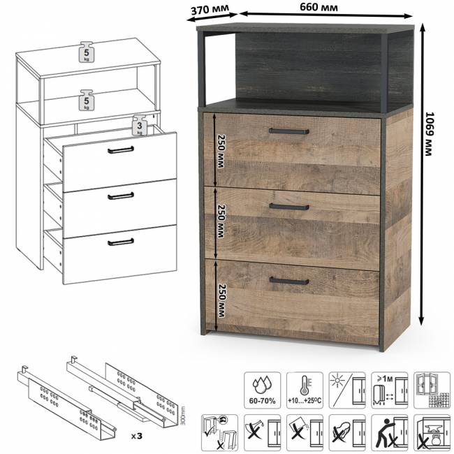 Два комода с ящиками и комод с дверкой и одним ящиком Трувор цвет дуб гранж песочный/интра Два комода с ящиками и комод с дверкой и одним ящиком Трувор цвет дуб гранж песочный/интра