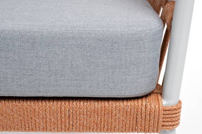 "Диего" кресло плетеное из роупа, каркас алюминий светло-серый (RAL7035) муар, роуп оранжевый меланж круглый, ткань светло-серая "Диего" кресло плетеное из роупа, каркас алюминий светло-серый (RAL7035) муар, роуп оранжевый меланж круглый, ткань светло-серая