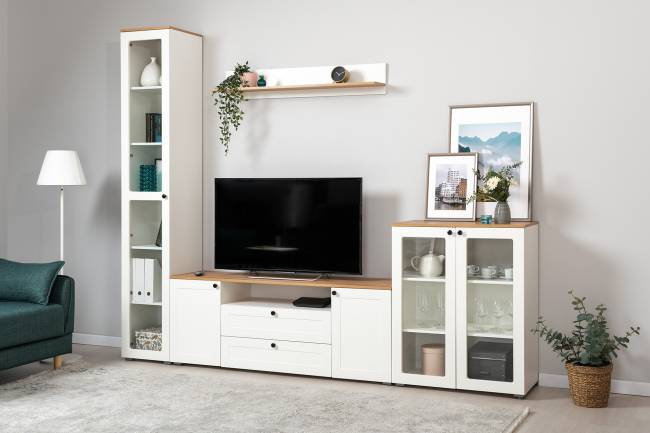 Пенал-витрина в гостиную Остин 16.394.03 цвет белый шагрень/дуб крафт золотой