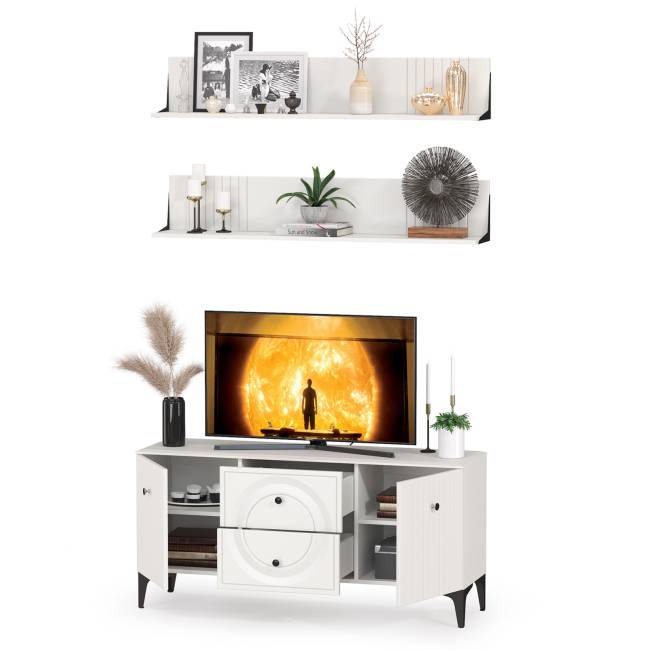 Тумба для ТВ с двумя навесными полкой Валенсия цвет белый шагрень Тумба для ТВ с двумя навесными полкой Валенсия цвет белый шагрень